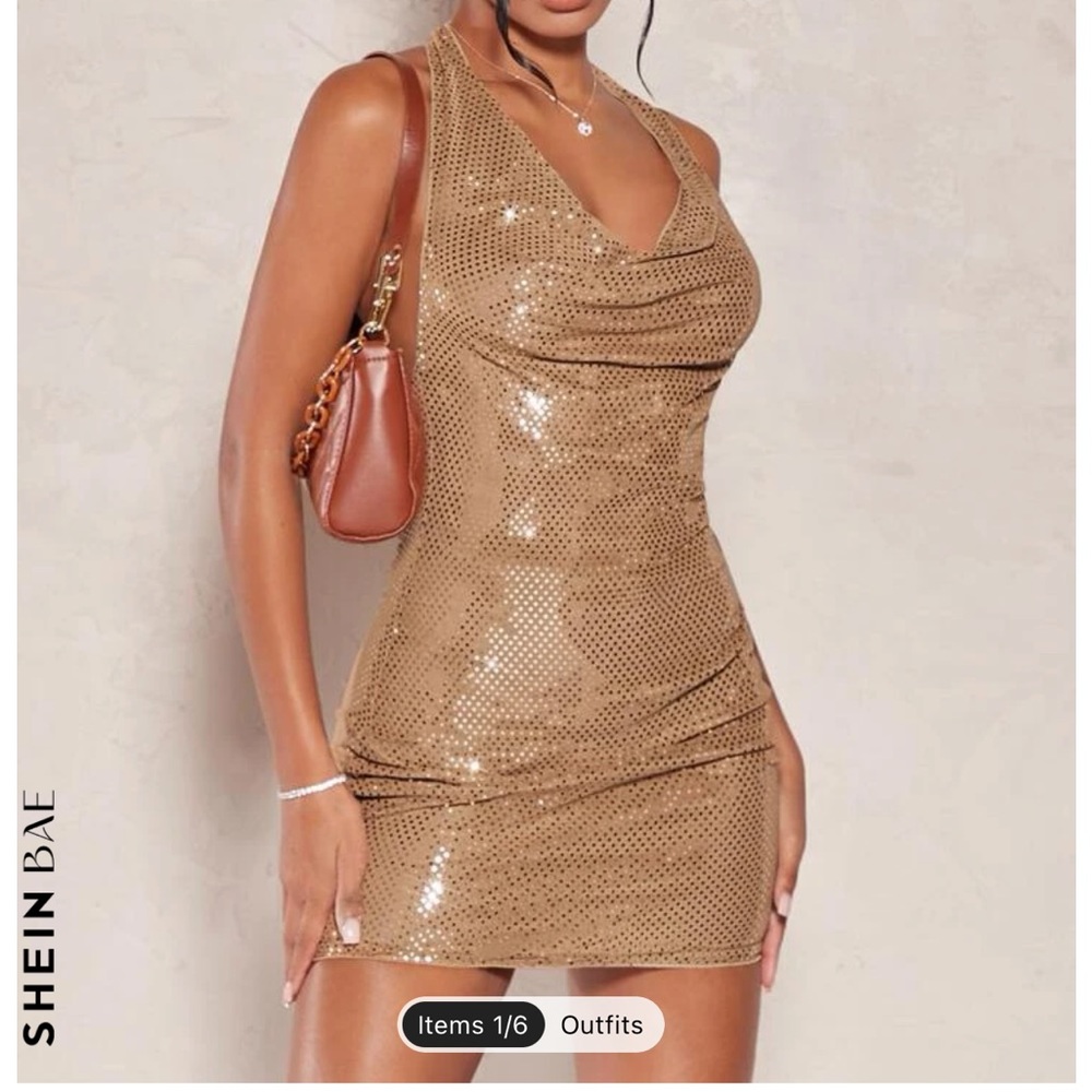 SHEIN Draped Collar Open Back Champagne Sequin BodyCon Halter Dress Size Medium